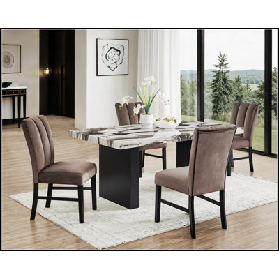 Ensemble de salle à manger 7 pièces en faux marbre avec table carrée et chaises rembourrées doucement incurvées, pour les salles à manger modernes et élégantes