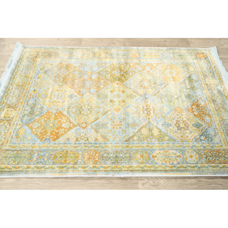 Tapis oriental vert / orange / beige Ampelius, Rectangle 3 pi 11 po x 5 pi 7 po