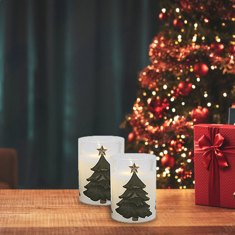 Holiday Tree Battery Operated LED Glass Candles with Moving Flame - 2 Piece