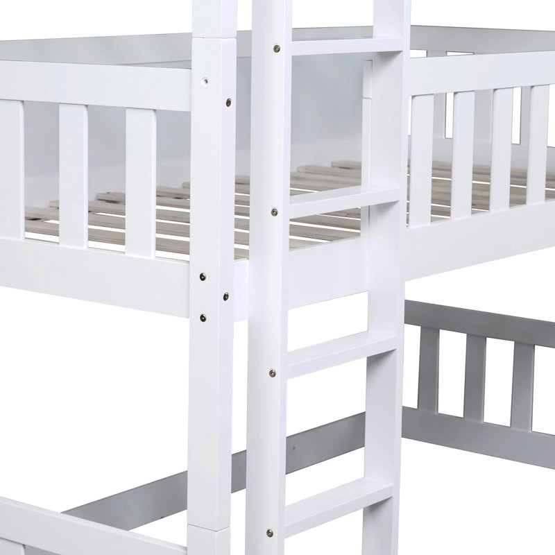 Twin Over Bunk Bed In White - Detachable Rubber Wood Design With Stable Ladders And Guardrails For Bedroom Structure Safe