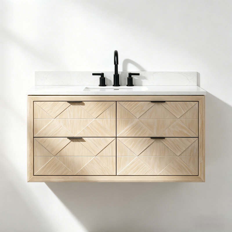 48" Floating Single Sink Solid Wood Natural Oak Bath Vanity with Engineered Marble Top, White Washed Oak