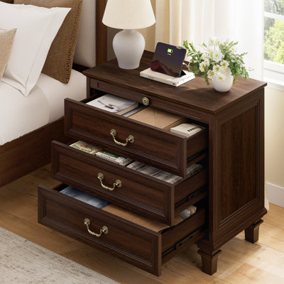 Transitional 27.5" 3-drawer Nightstand With Hidden Outlets, Pull-out Shelf & Elegant Solid Wood Legs