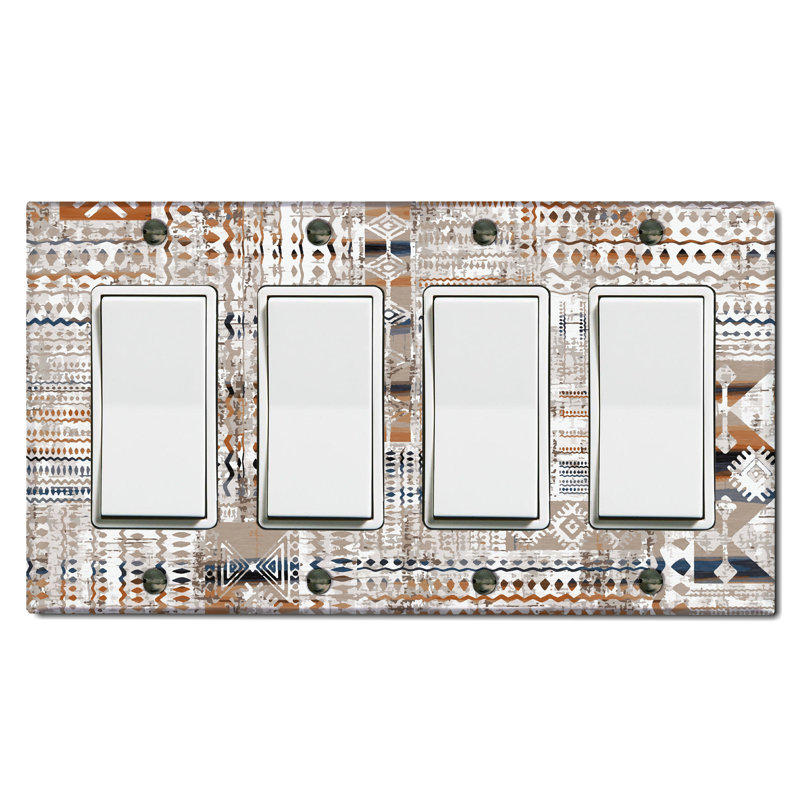 Metal Light Switch Plate Outlet Cover (Tribal Marking Pattern Gray - Quadruple Rocker)
