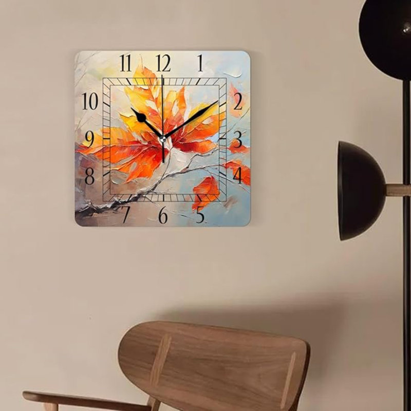 Horloge murale décorative horloges carrées silencieuses de 10 pouces pour la cuisine du salon, beau motif d'arbre d'automne coloré