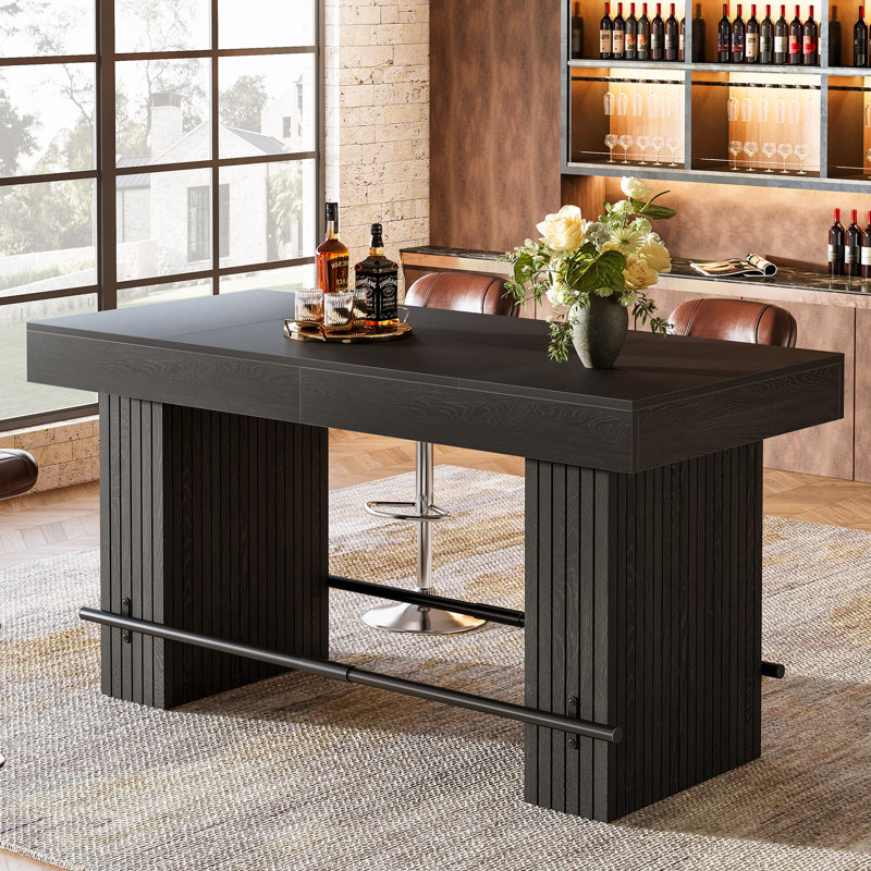 Industrial Rectangular Counter Height Pub Dining Bar Table 63-Inch Home Office Unit with Metal Footrest for Kitchen Bistro