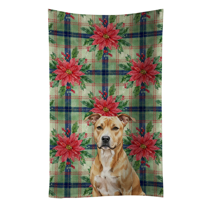 Fawn American Staffordshire Terrier Christmas PoinsettIas Kitchen Towel, Brown Fawn American Staffordshire Terrier