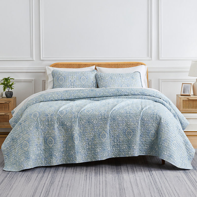Ensemble de courtepointe en microfibre Grace bleu foncé, Courtepointe pour lit simple + 1 taie décorative