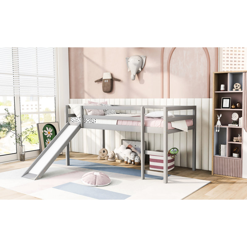 Lit mezzanine simple avec glissade, couleur grise, bois massif gris, rehaussant l'apparence de la chambre à coucher, Gris