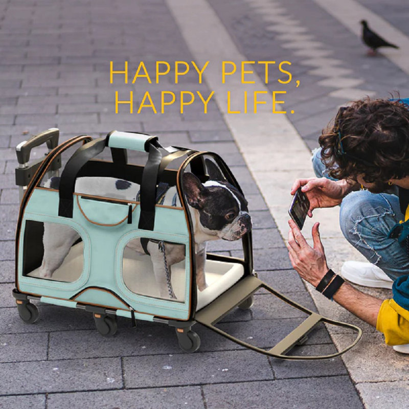 Luxury Rider™ Chrishawn Pet Carrier with Removable Wheels and Telescopic Handle, Blue and Brown