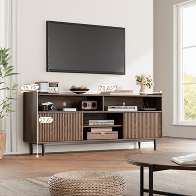 Fluted TV Stand for 75 in, Boho Entertainment Center with Sliding Doors, Wood Media Cabinet Furniture with Adjustable Shelves for Living Room Bedroom
