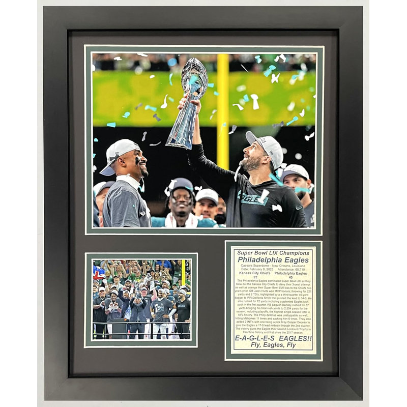 Eagles de Philadelphie | 2024 Super Bowl LIX Champions | Montage photo encadré 12 po x 15 po | Coach et QB