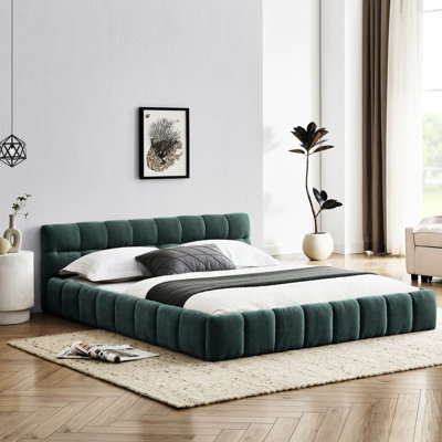 Blue Queen Size Platform Bed, Chenille Upholstered, Headboard, No Box Spring, Solid & Stable Bed Frame Modern Upholstered With Fabric, Blue,