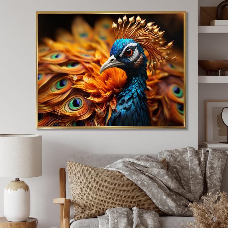 Gros plan sur un paon - animaux, impressions sur toile, H 34 po x l 44 po x P 1,5 po, Cadre flottant doré
