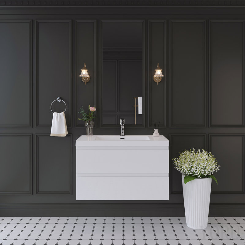 Meuble-lavabo suspendu de 91 cm avec lavabo, meuble de rangement mural moderne avec lavabo en surface solide et tiroirs à fermeture amortie, entièrement assemblé, blanc brillant