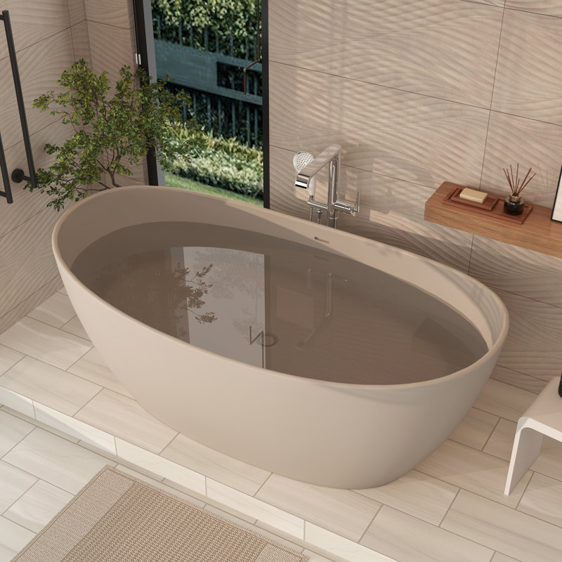 CASAINC 65" Oval Solid Surface Freestanding Soaking Bathtub With Drain
