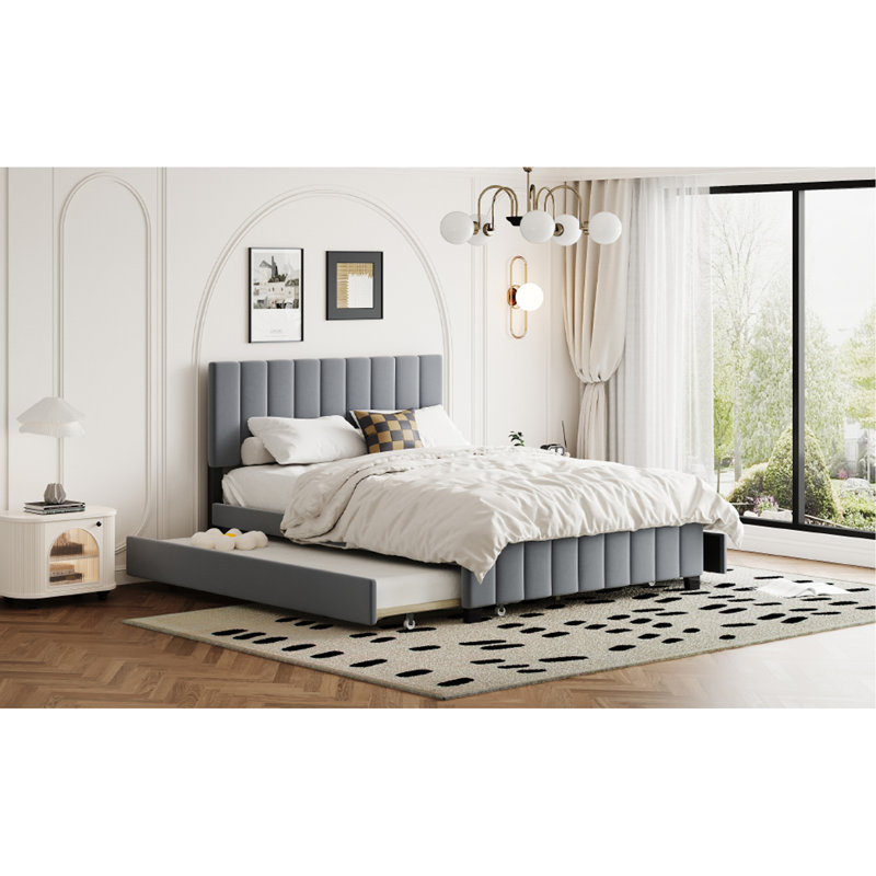 Lit plateforme tapissier en velours avec 2 tiroirs et 1 lit gigogne simple TG, Gris