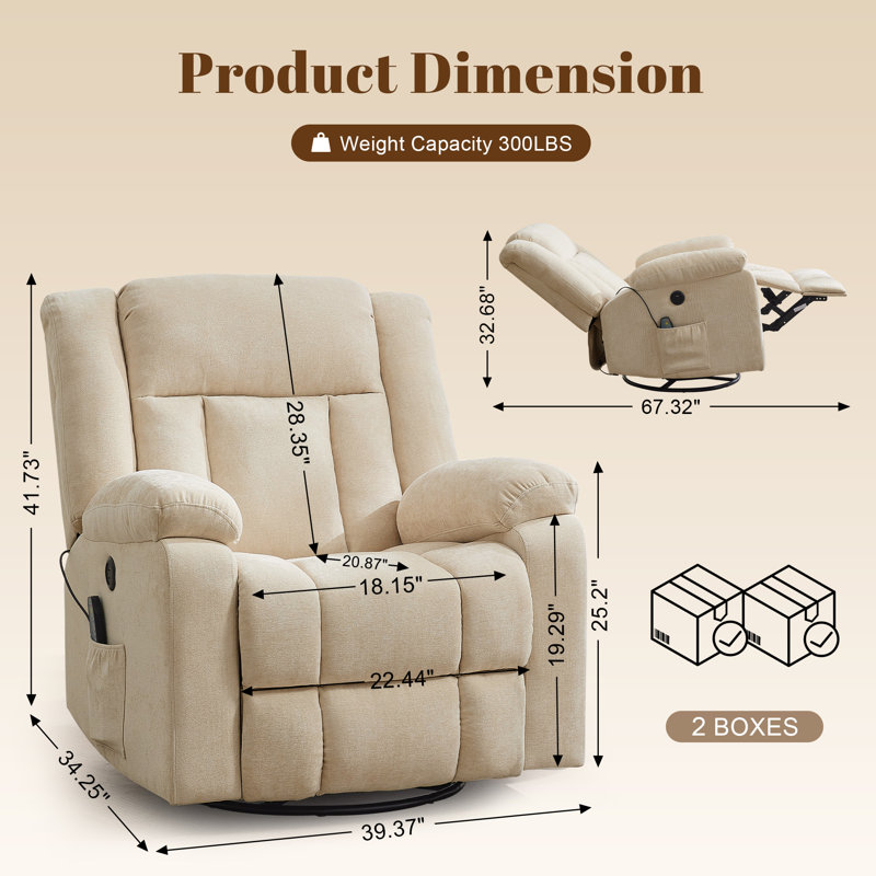 Recliner Chair, 360°Swivel Recliner, Recliners With Heat And Massage, Rocker Recliner For Adults , Side Pocket And USB Ports