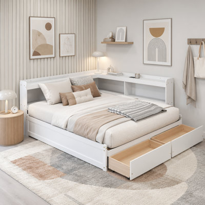 L-Shaped Bookcase Bed with Power Outlets and Storage Drawers