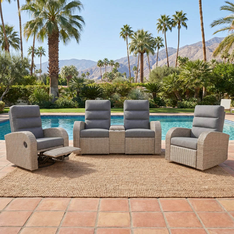 Oversized Wicker Outdoor Reclining Loveseat Sofa Set, 2-seater Recliner Couch With Storage & Cup Holder, Dark Grey, Grey