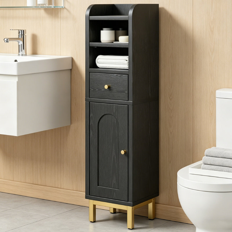 Freestanding Storage Cabinet, Bathroom Storage Cabinet Modern Corner Floor Cabinet Small Storage Organizer Stand With Drawer And Door Adjustable Shelf Black