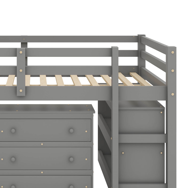 Lit mezzanine double avec armoire intégrée, tablettes, bureau mobile et lit multifonctionnel, Gris