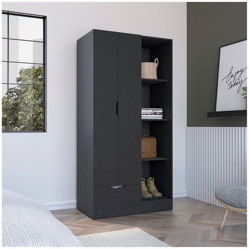 Armoire H 71 po avec 1 tiroir et 4 tablettes ouvertes à 2 niveaux, 2 portes, Noir
