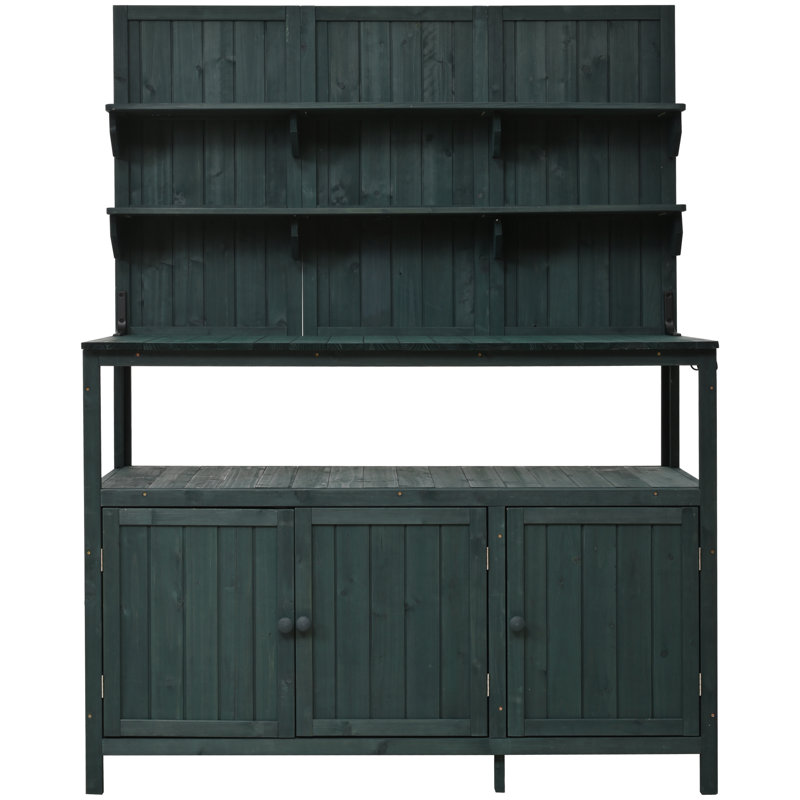 Banc de rempotage en bois massif 50,2 po avec huche - Grand poste de travail de jardin extérieur - 2 armoires de rangement et 3 crochets latéraux - Finition naturelle