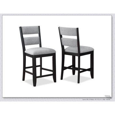 2pc Set Black Farmhouse Style Ladder Back Counter Height Side Chair with Gray Upholstered Seat and Back, Durable Wooden Construction