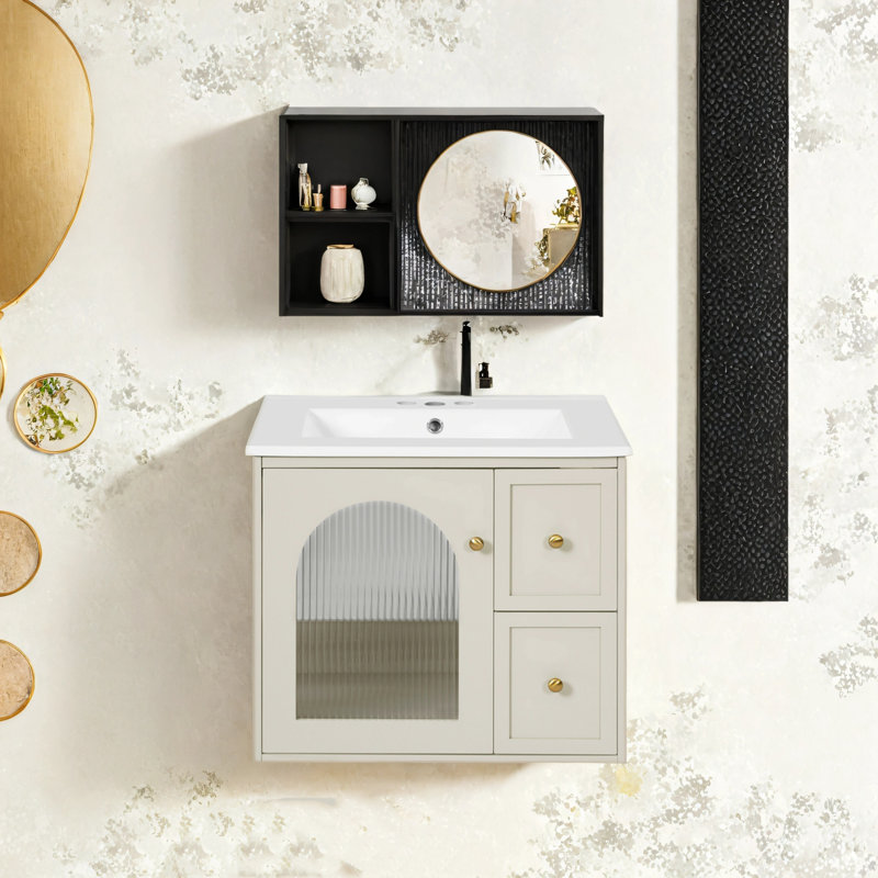 Ensemble de meuble-lavabo mural 24 po avec lavabo en céramique, 2 tiroirs et 1 porte rembourrée, Noir