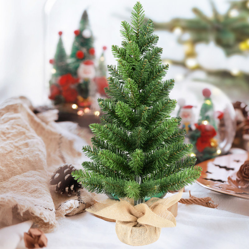 Ensemble de 2 arbres de Noël de table, petits arbres en PVC de 2 pi avec 68 pointes chacun, base en ciment en toile de jute, mini décorations des Fêtes