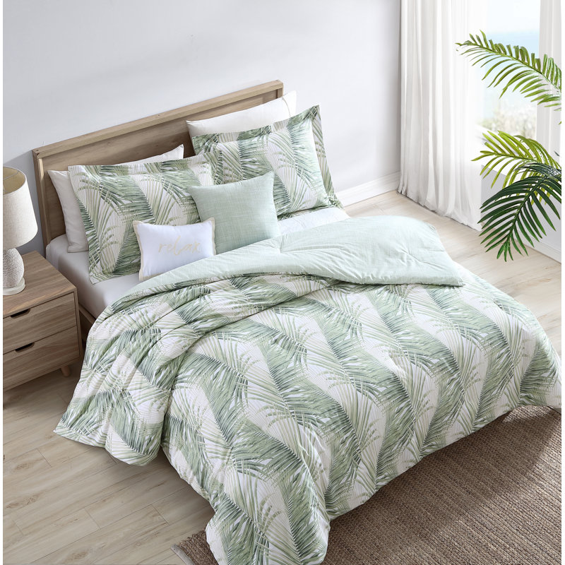 Tommy Bahama Kauai Green Cotton Reversible 5 Piece Comforter Set, King Comforter + 2 Shams + 2 Throw Pillows