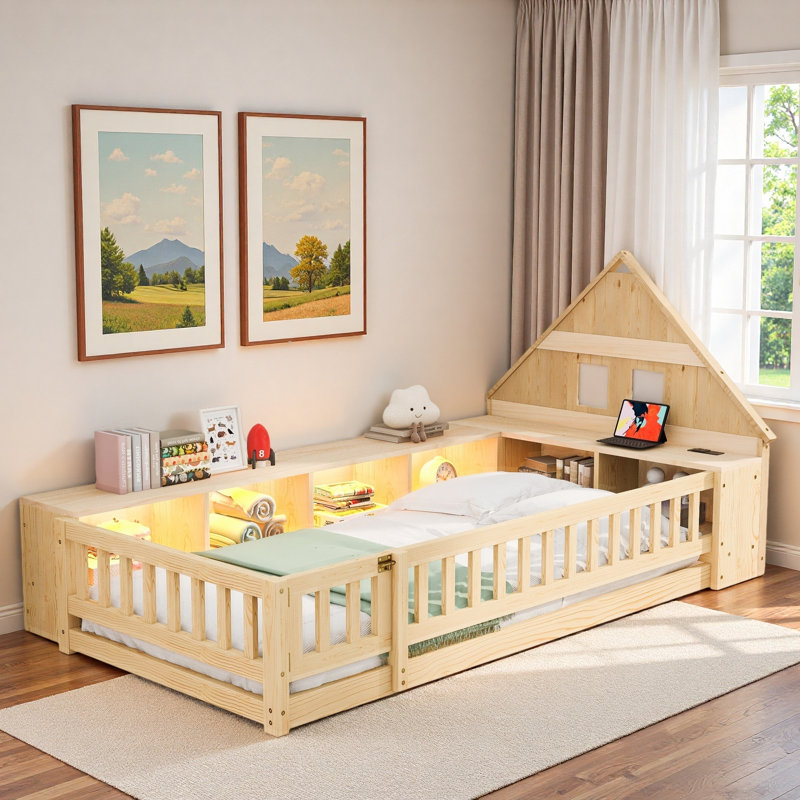 Lit en bois avec garde-corps, tête de lit en forme de maison, armoires de rangement, éclairage à DEL et station de charge
