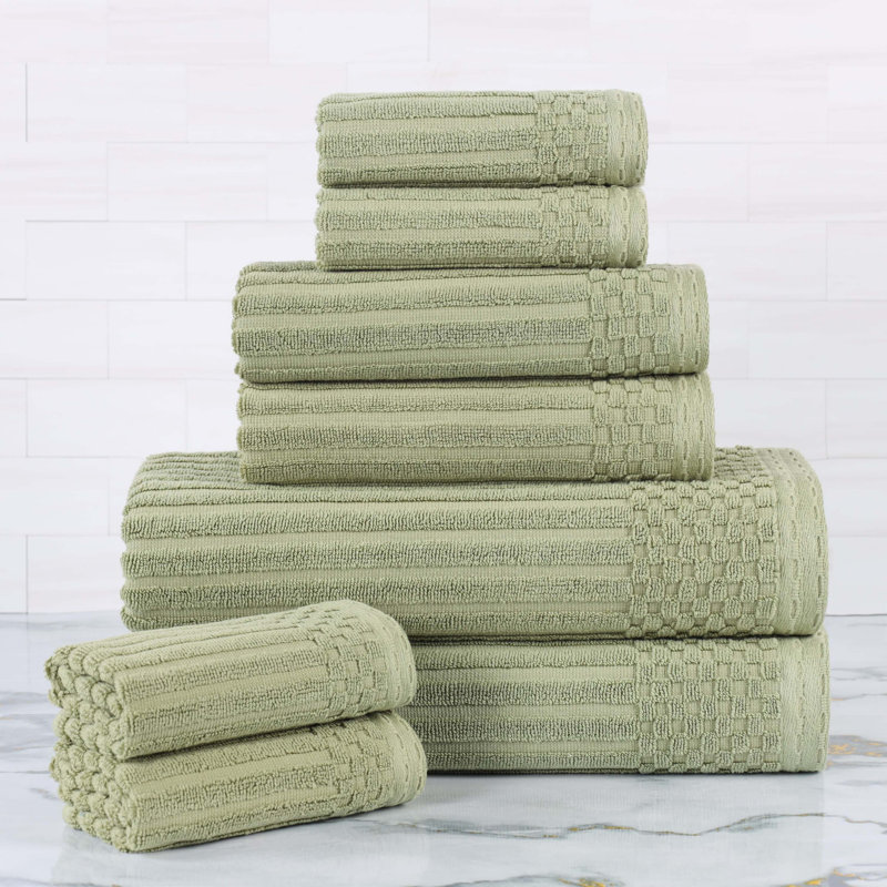 Collection de serviettes à bordure à carreaux en coton 8 pièces Soho Spa, Vert sauge, Ensemble de serviettes 8 pièces