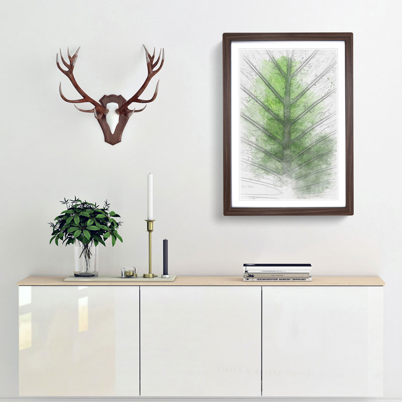 Green Leaf Lines in Abstract - Picture Frame Graphic Art Print on MDF, 65cm H x 48cm W x 2cm D, Walnut Framed