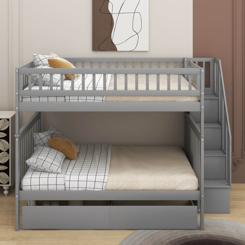 Lit double superposé au dessus d'un lit double avec tiroirs, Gris