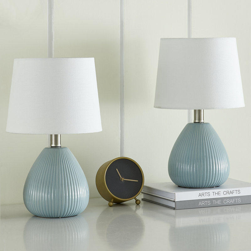 Ensemble de lampes de table en céramique bleues modernes 14,5 po avec abat-jour en lin blanc préassemblé, Bleu