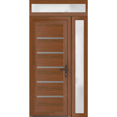 Front Exterior Prehung Metal-Plastic Door | Manux 8415 Walnut | Side and Top Sidelite Transom | Office Commercial and Residential Doors Entrance Patio Garage 42" x 94" (W30+12" x H80+14") Left hand Inswing