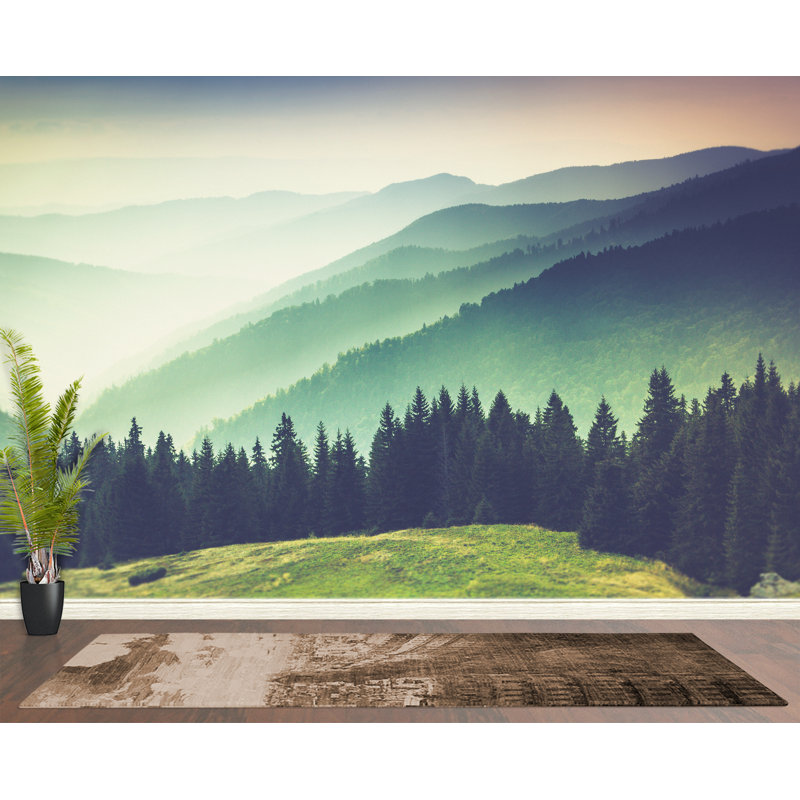 Colourful Foggy Mountain Misty Forest Peel And Stick Wallpaper | Removable Wall Mural., 144" W X 108" L