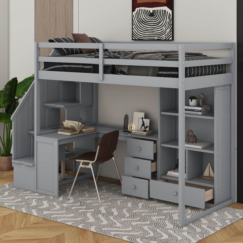 Lit mezzanine simple avec bureau en L et tiroirs, armoire et escalier de rangement, Gris