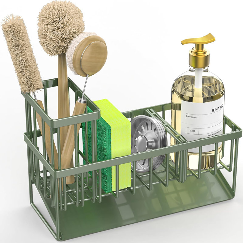 304 Rustproof Stainless Steel Kitchen Sink Caddy, High Brush Holder, Sponge Holder & Soap Dispenser Organizer, Sage Green