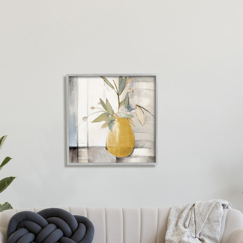 Abstrait plante pittoresque en pot feuilles vertes mur gris, H 17 po x l 17 po, Estampe numérique Farmhouse