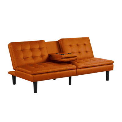 Contemporary Orange Futon - Style With Biscuit Tufting, A & C Chargers, Drop Down Table And Bed Making Ease, 71.5"W X 35.5"D 32"H Built In Ports, Convertible Design,