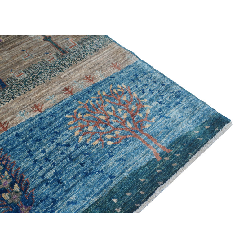 Tapis bleu et multicolore de haute qualité noué à la main