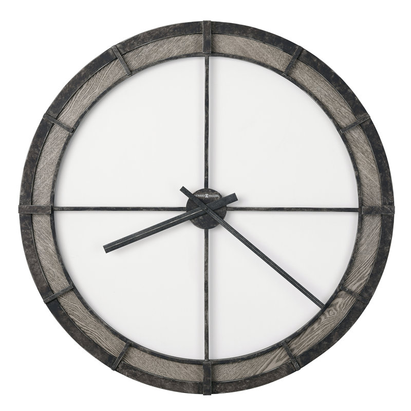 Mara Modern & Contemporary Oversized Wall Clock, Wrought Iron Open Frame with Gray Wood Veneered Outer Ring and Charcoal Bar Markers