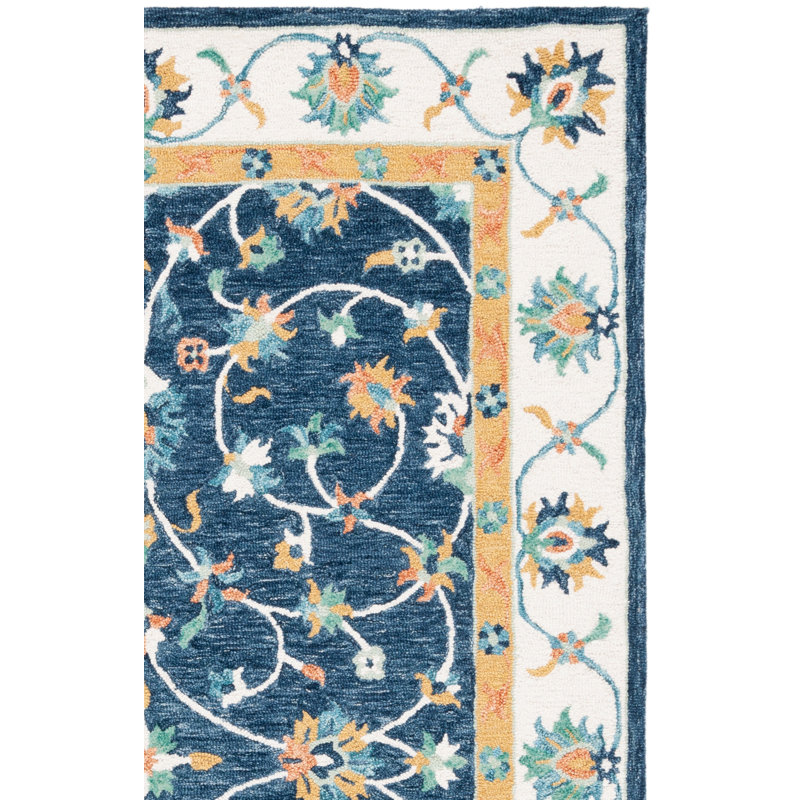 Tapis bleu / ivoire / jaune en laine touffeté à la main Rosalna, Tapis de couloir 2 pi 3 po x 9 pi