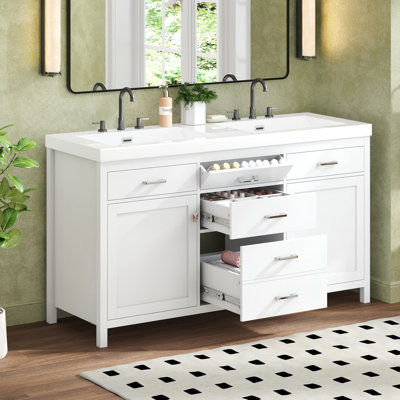 59.1" Double Sink Bathroom Vanity with Resin Sink, Soft-Close Doors & Drawers, White