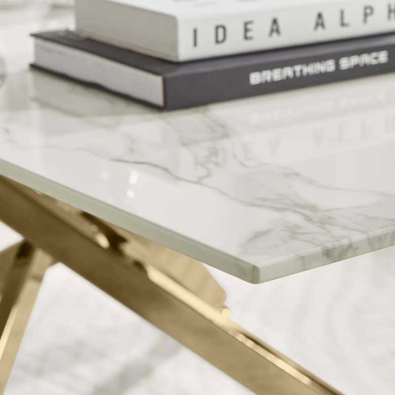 Atal Marble Effect Coffee Table - Glass Topped Metal Leg Centre Table, White, Gold