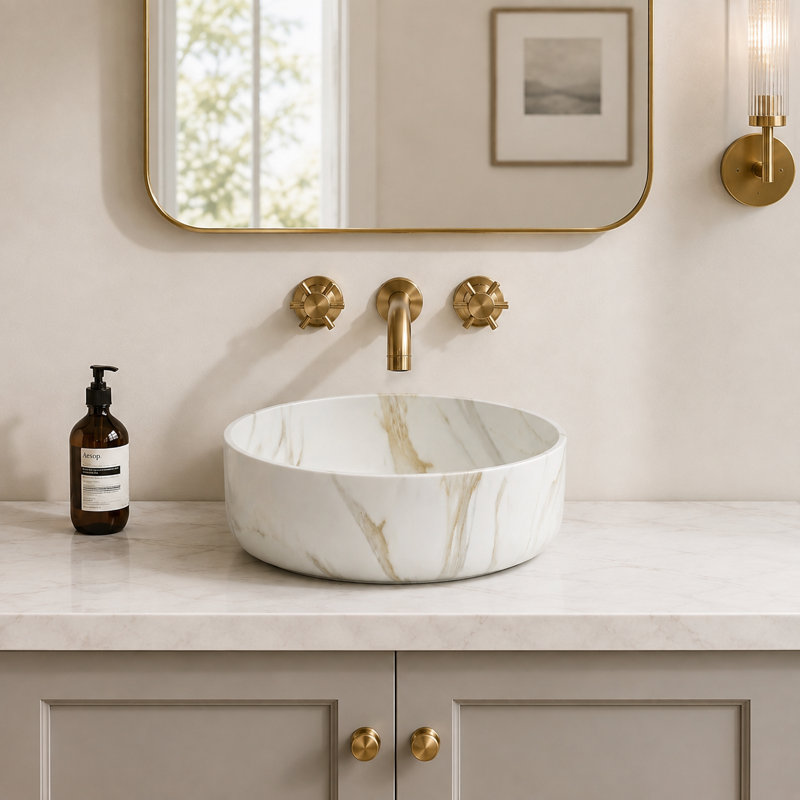 Lavabo de salle de bain vasque rond en céramique blanc mat 14 "avec aspect de pierre texturée