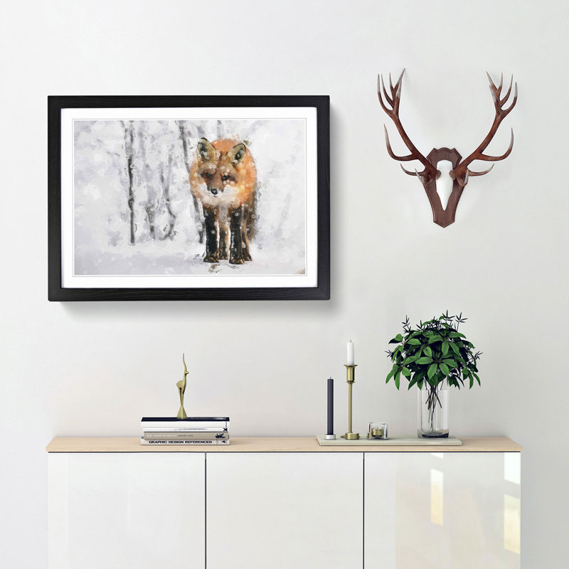 Red Fox in a Winter Forest in Abstract - Picture Frame Painting Print on MDF, 36cm H x 48cm W x 2cm D, Black Framed