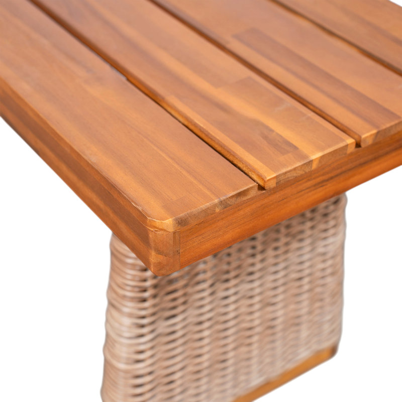 Outdoor 1Pcs Acacia Wood Bench,Teak Finish+ Brown Wicker, Brown